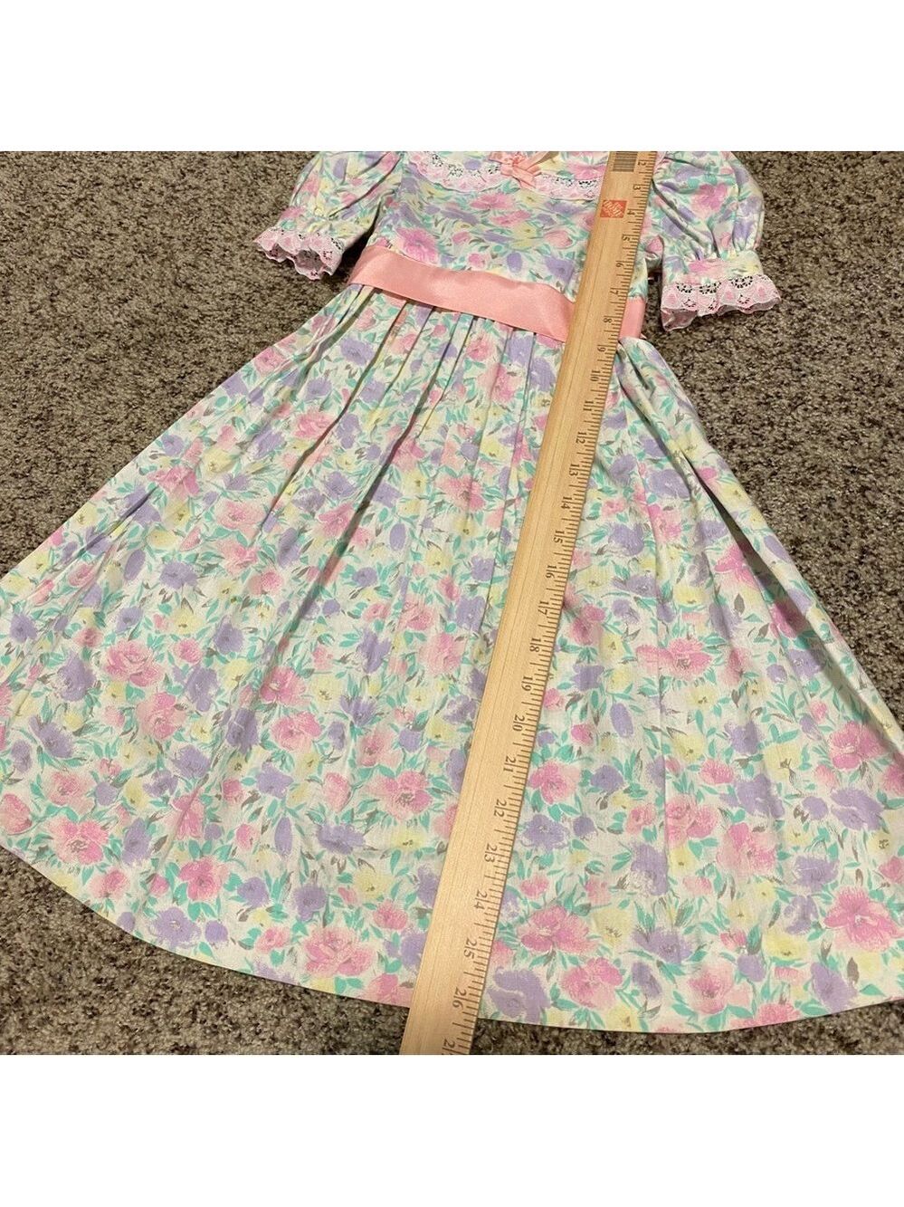 Vintage Little Girl Cotton Dress 80s 90s Floral Pink Purple Ribbon Tie - Picture 5 of 9